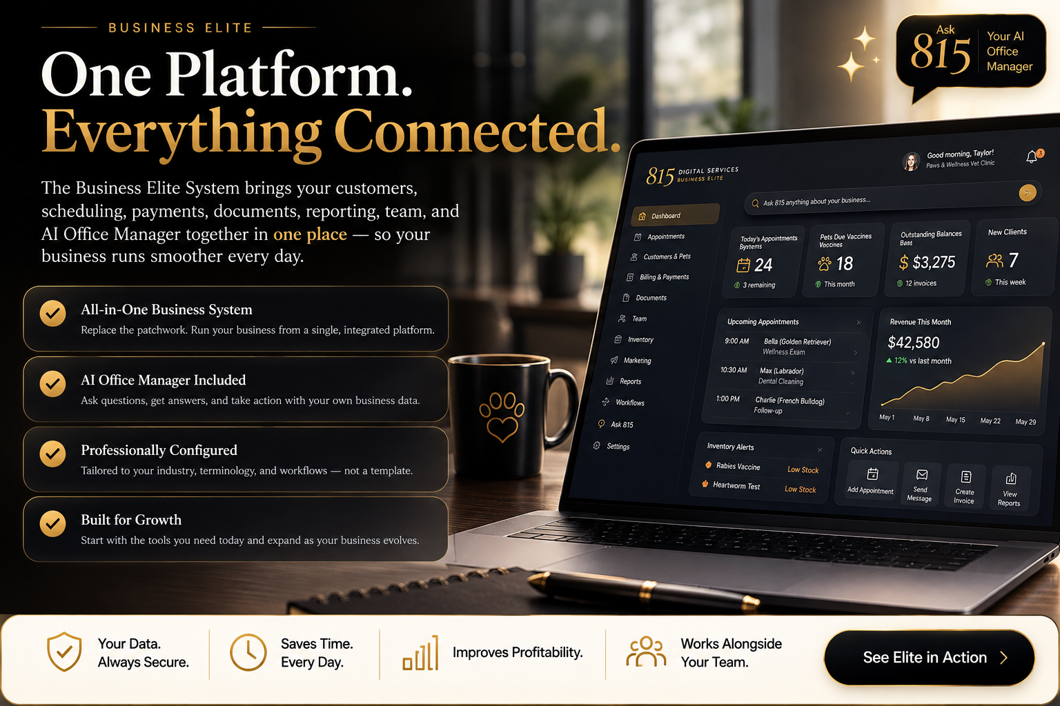 Business Elite: one all-in-one Business System with AI Office Manager included, professionally configured and built for growth — connecting customers, scheduling, payments, documents, reporting, and automation.