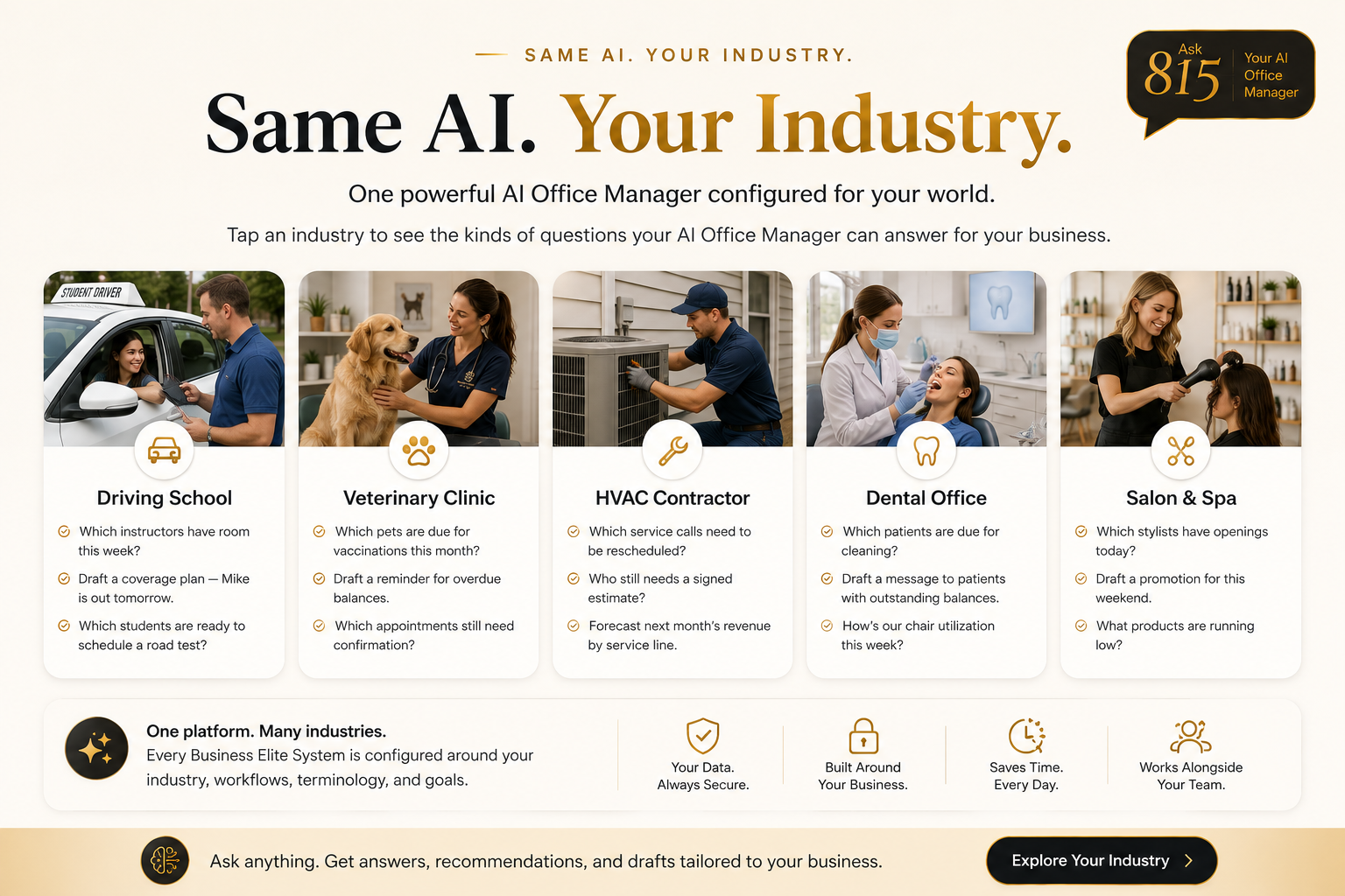 Same AI, your industry — the AI Office Manager configured for driving schools, veterinary clinics, HVAC contractors, dental offices, and salons & spas, each with industry-specific questions.