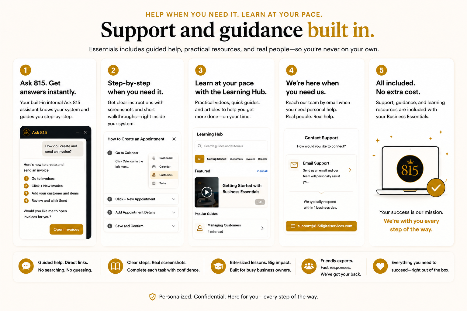 Support and guidance built in: Ask 815 for instant answers, step-by-step guidance, the Learning Hub, personal help by email, and everything included at no extra cost.