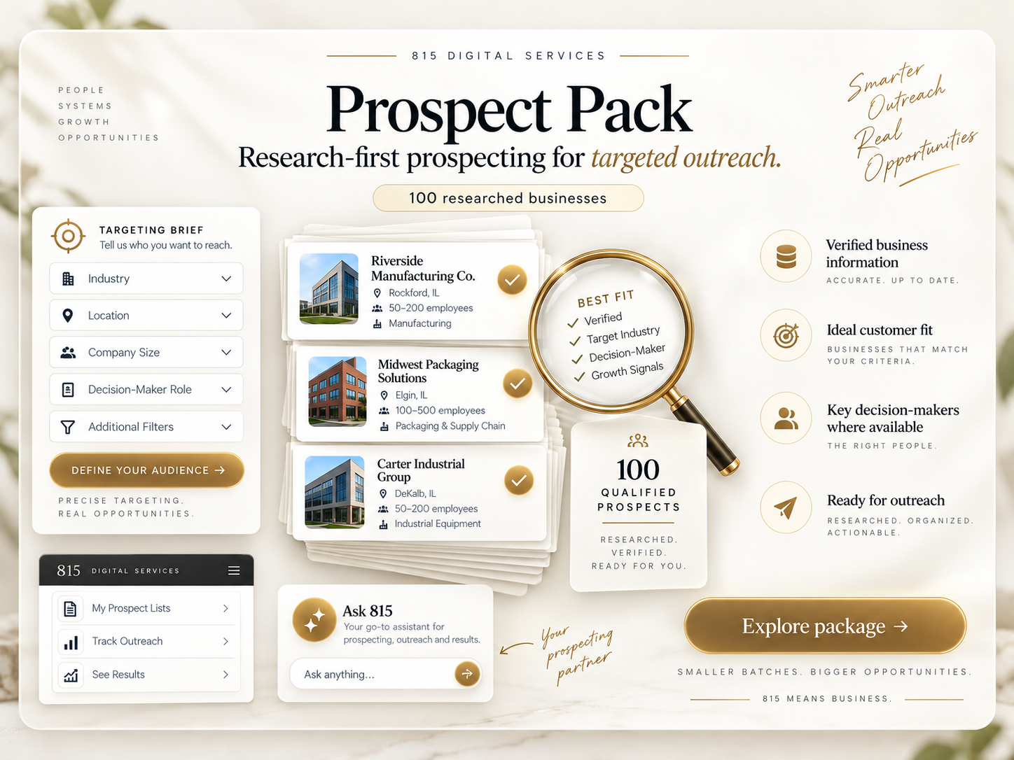 Prospect Pack — $299 per 100 researched businesses selected around your ideal customer, with verified business information and named decision-makers where available