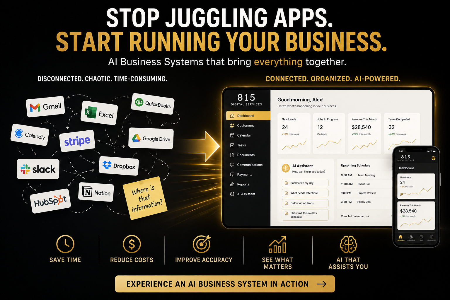 Illustration showing multiple disconnected business apps transformed into one AI-powered Business System dashboard.