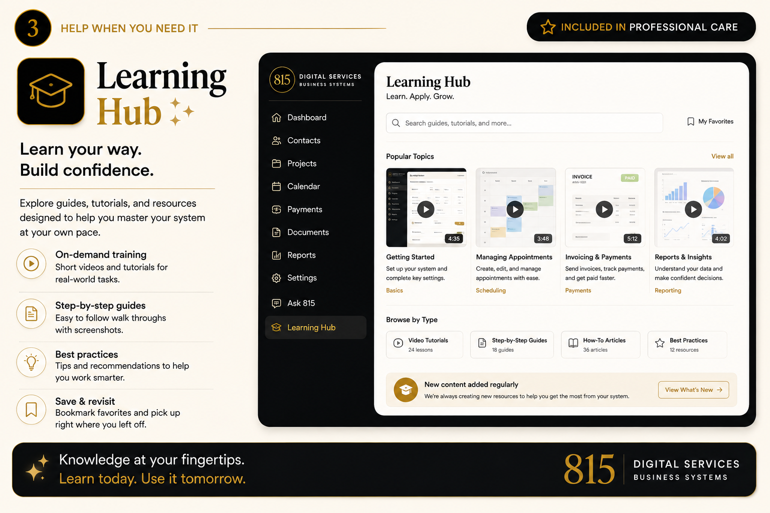 The Learning Hub with short videos, written guides, and tutorials for using your Business System.