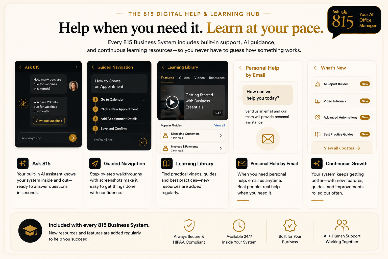 The 815 Digital Help & Learning Hub: Ask 815, guided navigation, learning library, personal help by email, and continuous growth.