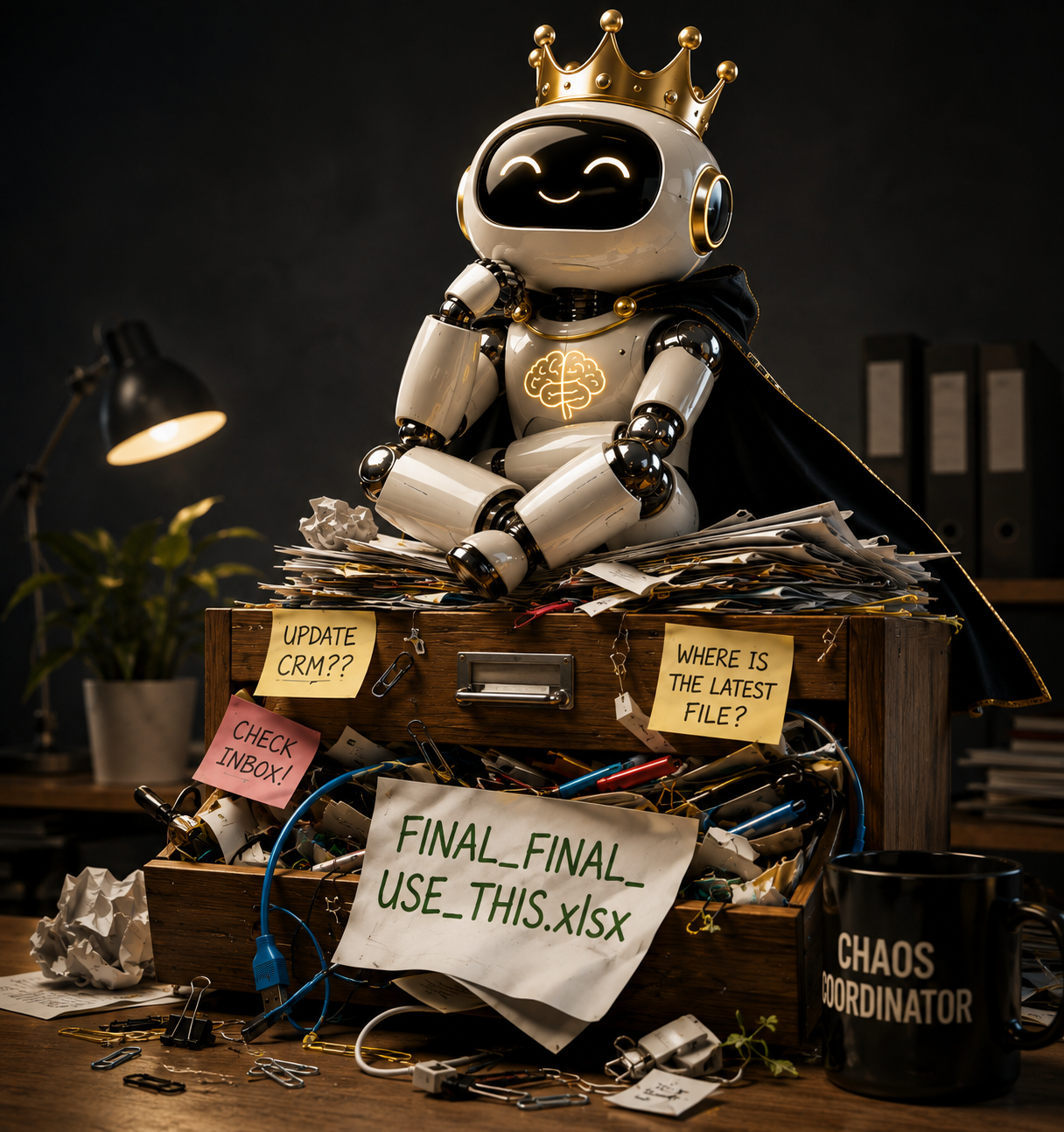 A crowned AI robot sitting on an overflowing junk drawer full of papers, sticky notes, and a FINAL_FINAL_USE_THIS.xlsx file