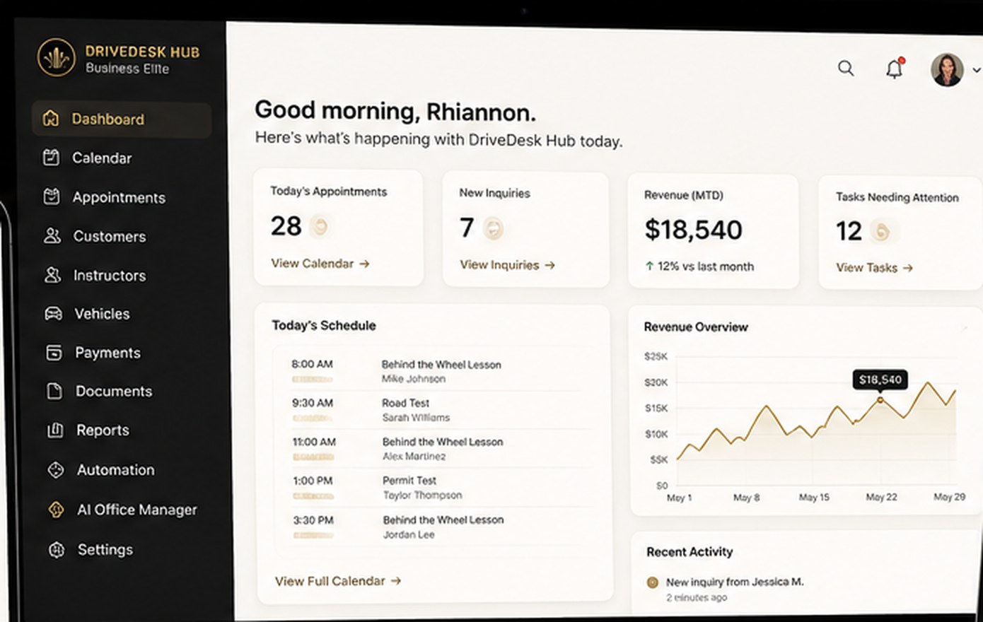 Preview of the DriveDesk Hub Business System dashboard