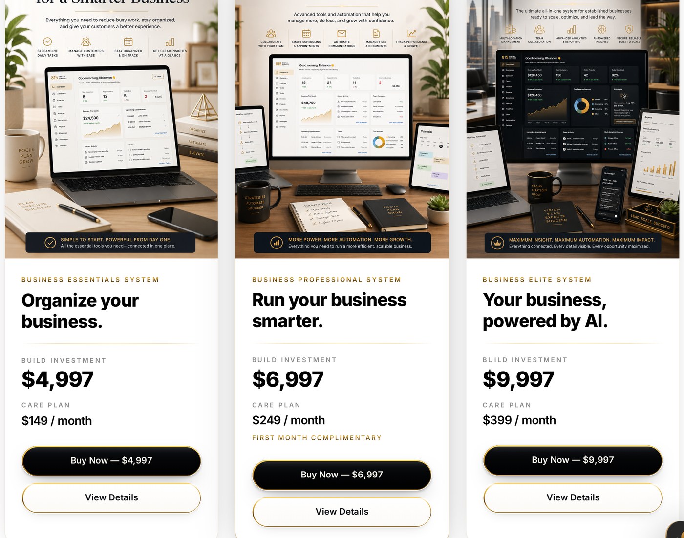 Preview of the Business System package comparison with pricing